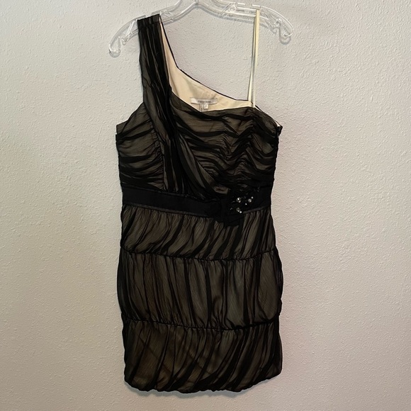 Max And Cleo Sandrine One Shoulder Black Sheer Overlay Chiffon Dress 12 - Picture 2 of 10